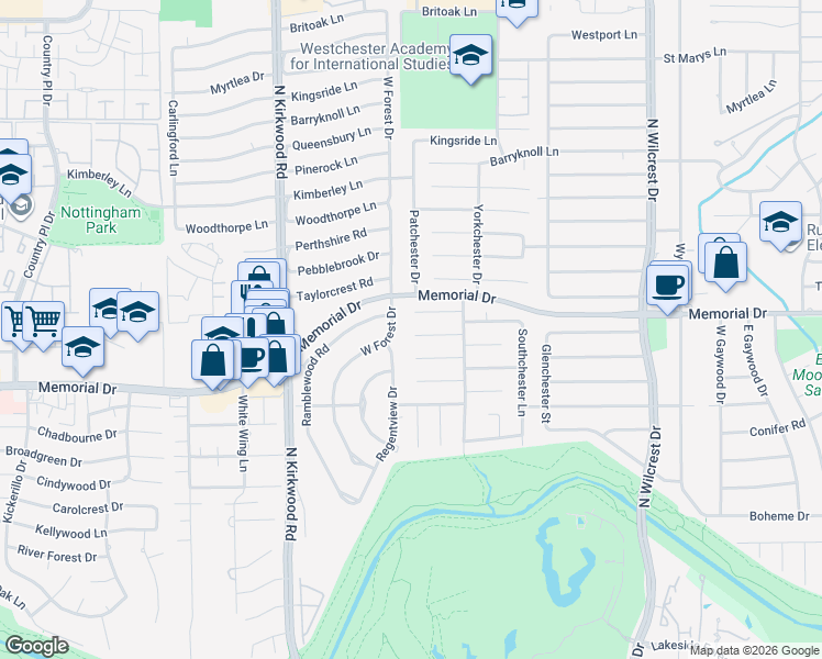 map of restaurants, bars, coffee shops, grocery stores, and more near 13722 Butterfly Lane in Houston