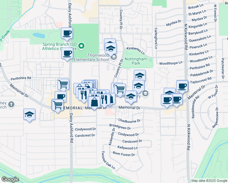map of restaurants, bars, coffee shops, grocery stores, and more near 714 Country Place Drive in Houston