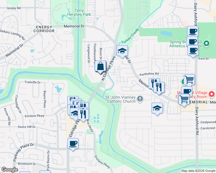 map of restaurants, bars, coffee shops, grocery stores, and more near 654 North Eldridge Parkway in Houston