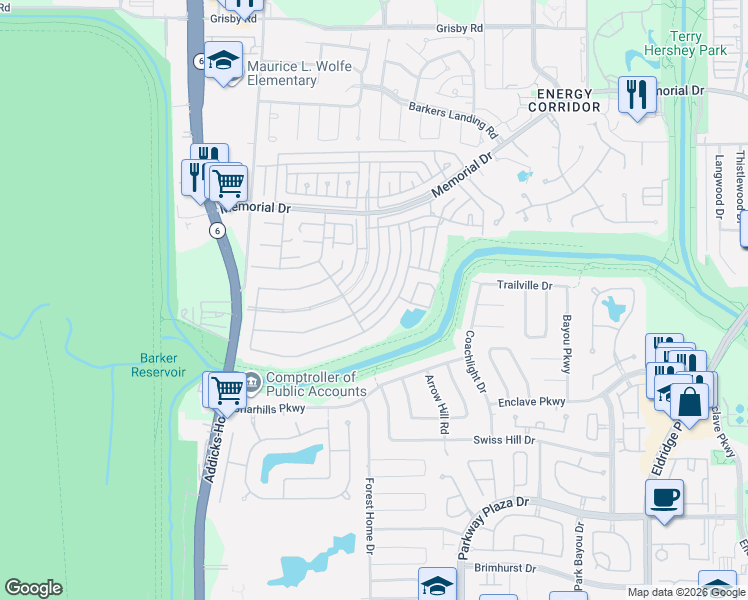 map of restaurants, bars, coffee shops, grocery stores, and more near 919 Daria Drive in Houston