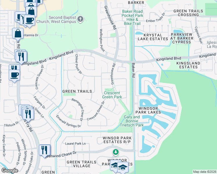 map of restaurants, bars, coffee shops, grocery stores, and more near 19419 Morrisfield Court in Houston