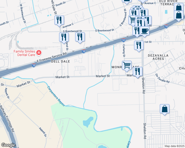 map of restaurants, bars, coffee shops, grocery stores, and more near 104 Beth Lane in Channelview