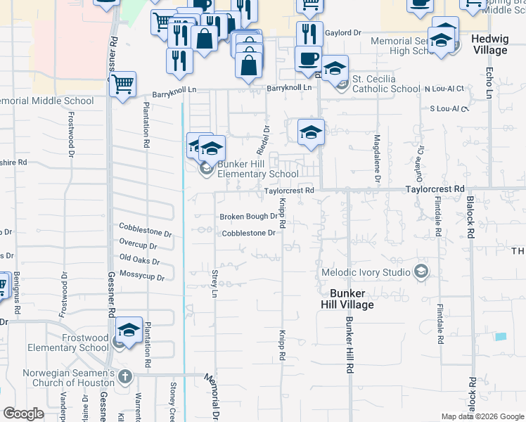 map of restaurants, bars, coffee shops, grocery stores, and more near 11910 Broken Bough Drive in Houston