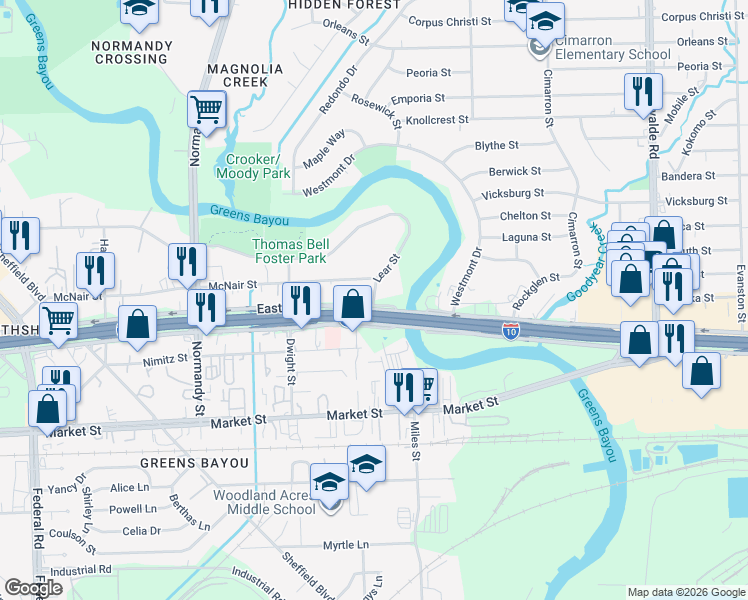 map of restaurants, bars, coffee shops, grocery stores, and more near Lear Street in Houston
