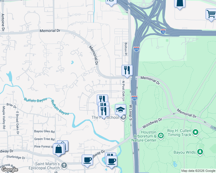 map of restaurants, bars, coffee shops, grocery stores, and more near 8703 Crescent Gate Lane in Houston