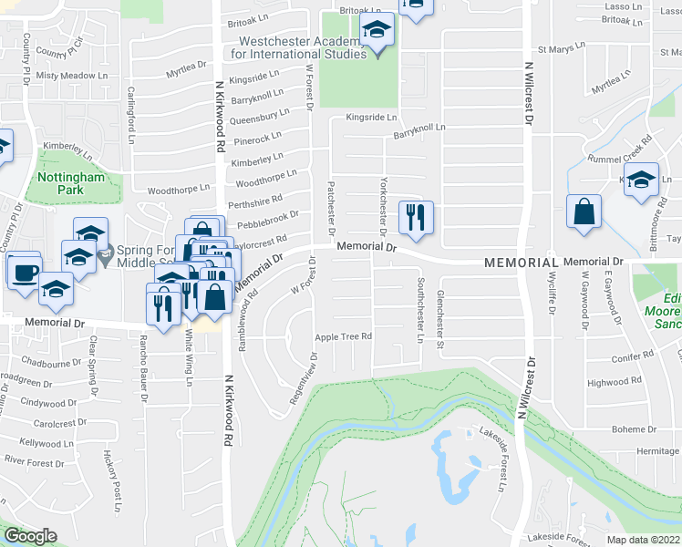 map of restaurants, bars, coffee shops, grocery stores, and more near 13722 Butterfly Lane in Houston