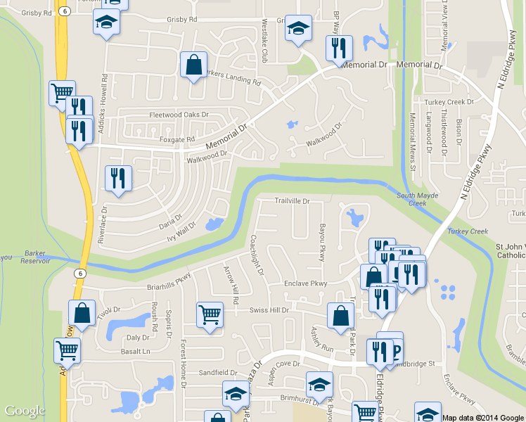 map of restaurants, bars, coffee shops, grocery stores, and more near 13822 Starhill Court in Houston
