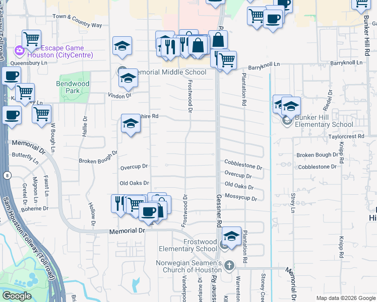 map of restaurants, bars, coffee shops, grocery stores, and more near 12334 Cobblestone Drive in Houston
