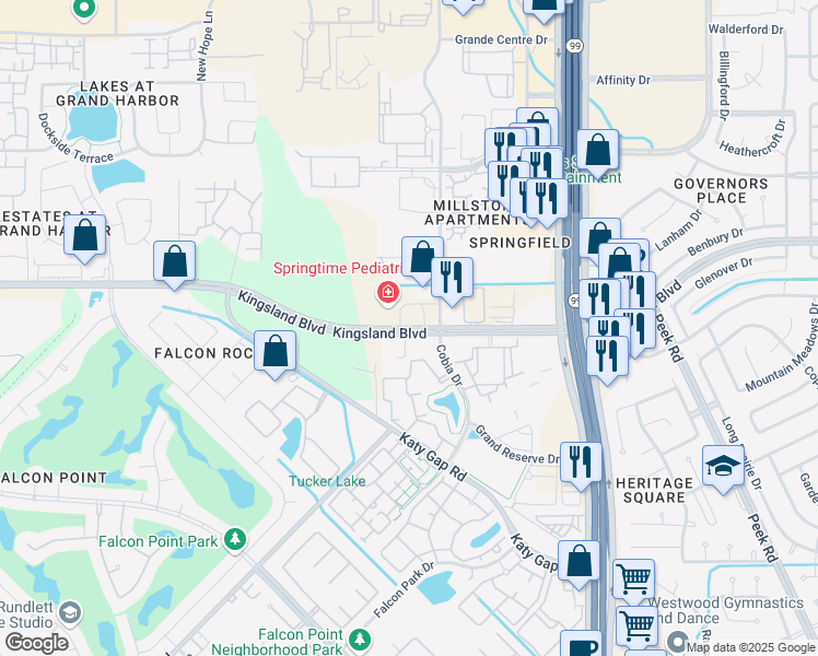map of restaurants, bars, coffee shops, grocery stores, and more near 23510 Kingsland Boulevard in Katy