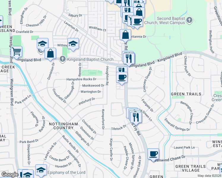 map of restaurants, bars, coffee shops, grocery stores, and more near 1111 Houghton Road in Katy
