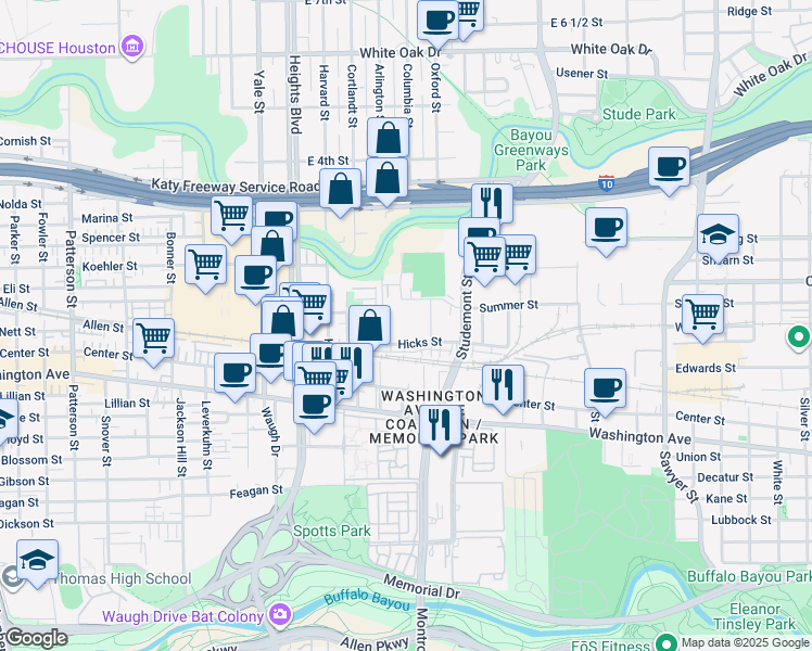map of restaurants, bars, coffee shops, grocery stores, and more near 3030 Summer Street in Houston