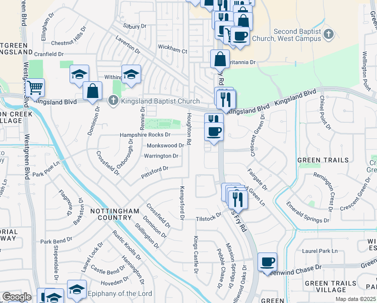 map of restaurants, bars, coffee shops, grocery stores, and more near 1118 Houghton Road in Katy