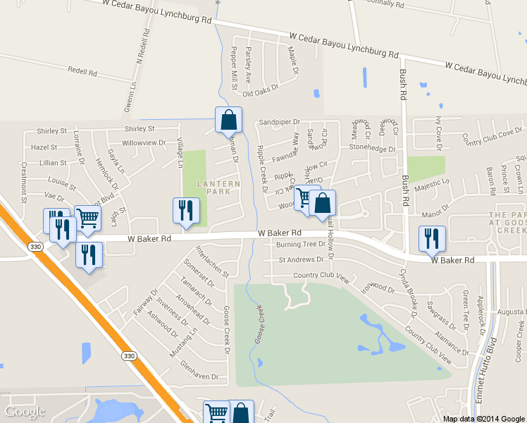 map of restaurants, bars, coffee shops, grocery stores, and more near 4602 Ripple Creek Drive in Baytown