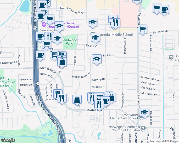map of restaurants, bars, coffee shops, grocery stores, and more near 18 Tallowood Road in Houston