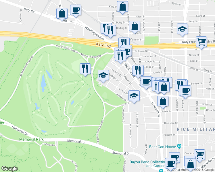 map of restaurants, bars, coffee shops, grocery stores, and more near 6525 Durford Street in Houston