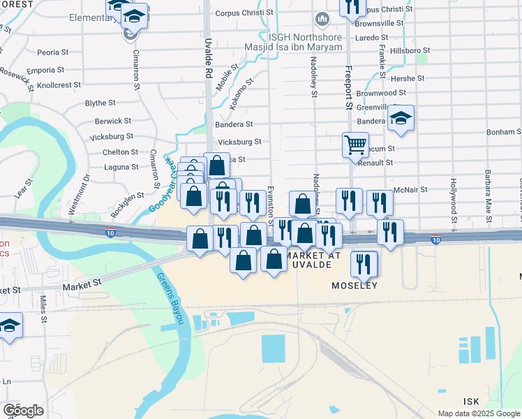 map of restaurants, bars, coffee shops, grocery stores, and more near 13463 East Freeway in Houston
