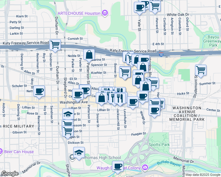 map of restaurants, bars, coffee shops, grocery stores, and more near 4115 Allen Street in Houston