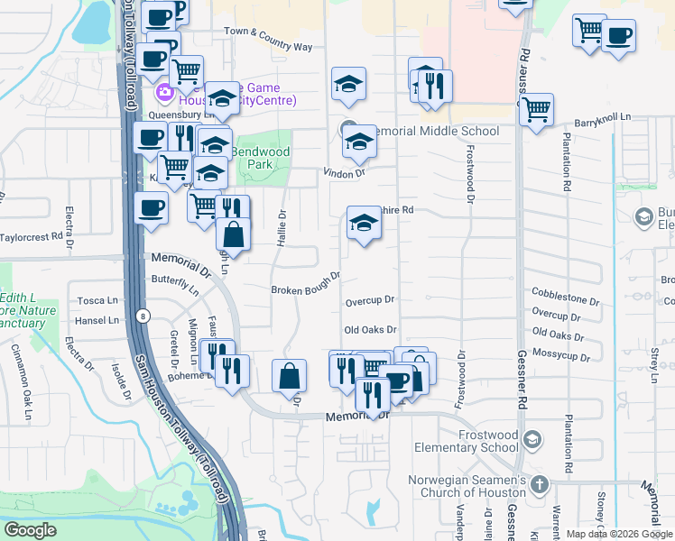 map of restaurants, bars, coffee shops, grocery stores, and more near 18 Tallowood Road in Houston