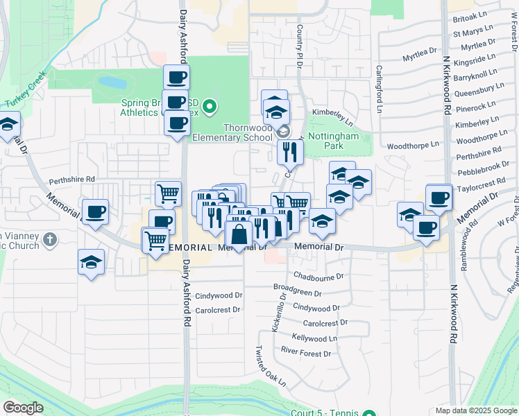 map of restaurants, bars, coffee shops, grocery stores, and more near 2043 Mackilsee Lane in Houston
