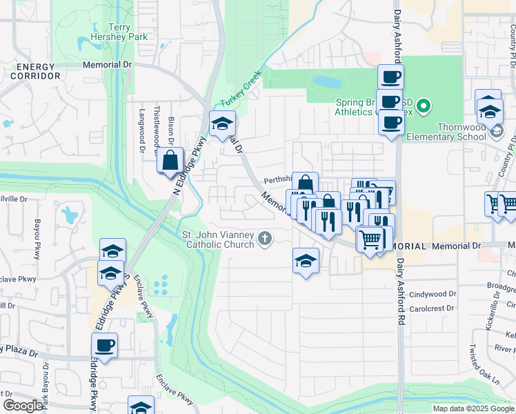 map of restaurants, bars, coffee shops, grocery stores, and more near 14855 Memorial Drive in Houston