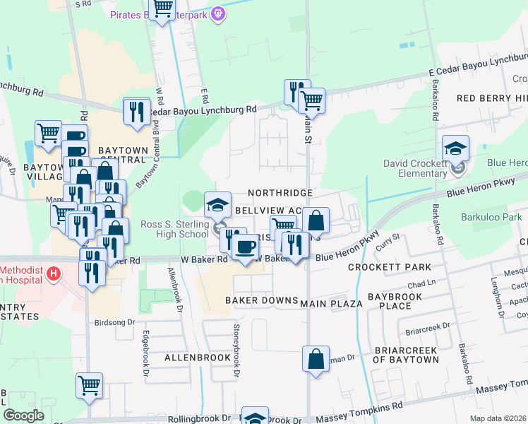 map of restaurants, bars, coffee shops, grocery stores, and more near 117 Craig Street in Baytown