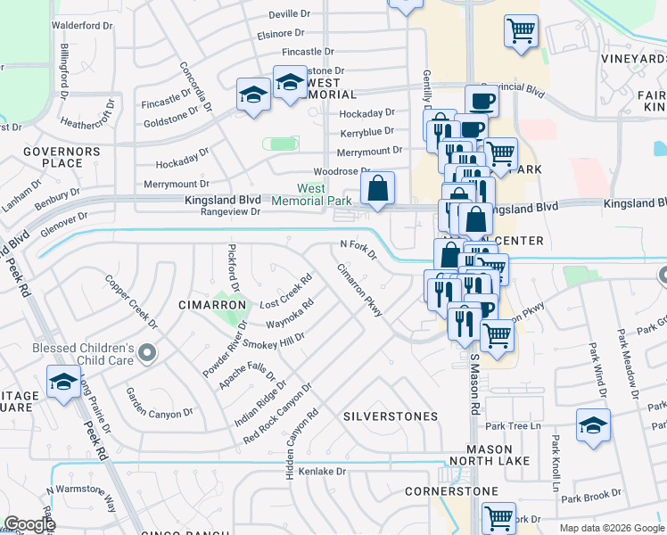 map of restaurants, bars, coffee shops, grocery stores, and more near 22311 Cimarron Parkway in Katy
