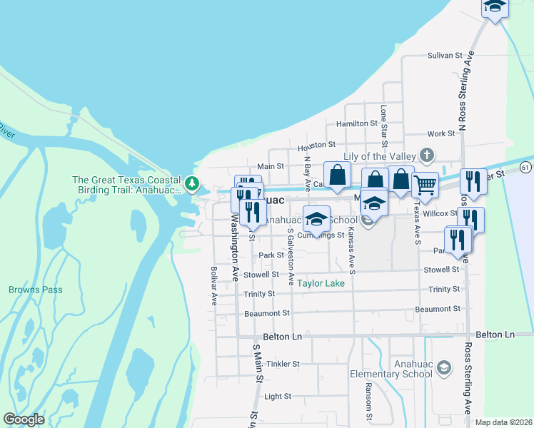 map of restaurants, bars, coffee shops, grocery stores, and more near 109 South Main Street in Anahuac