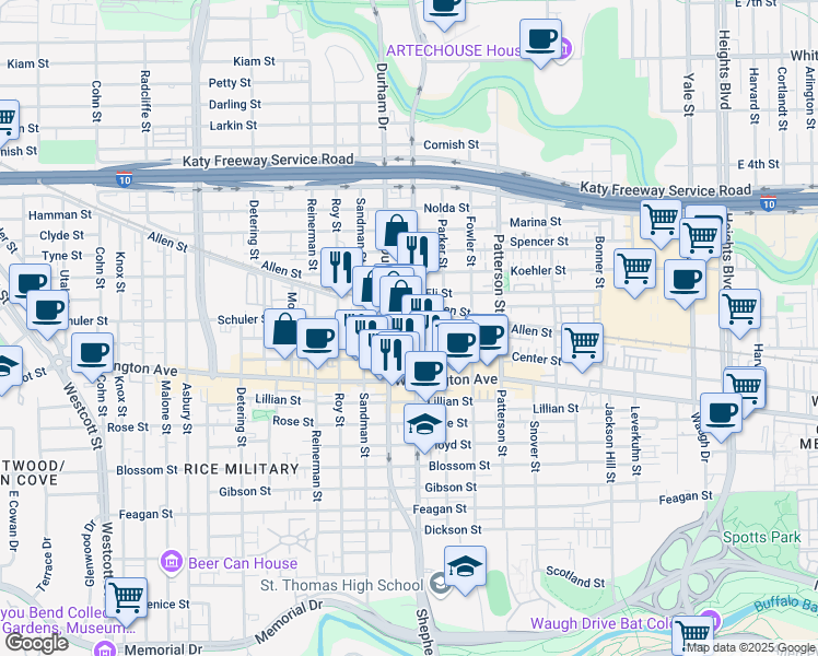 map of restaurants, bars, coffee shops, grocery stores, and more near 1200 Durham Drive in Houston