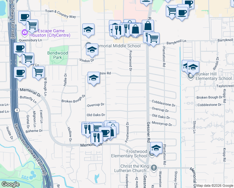 map of restaurants, bars, coffee shops, grocery stores, and more near 12418 Cobblestone Drive in Houston