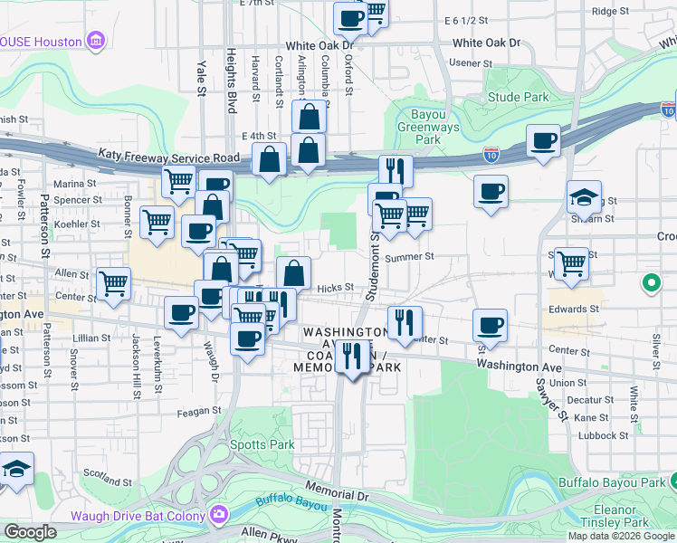 map of restaurants, bars, coffee shops, grocery stores, and more near 3030 Summer Street in Houston