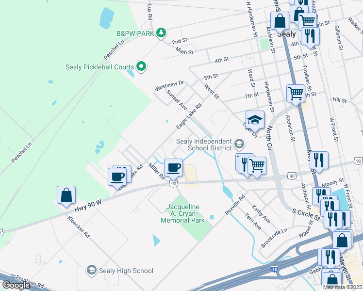 map of restaurants, bars, coffee shops, grocery stores, and more near 600 Shadowlake Circle in Sealy