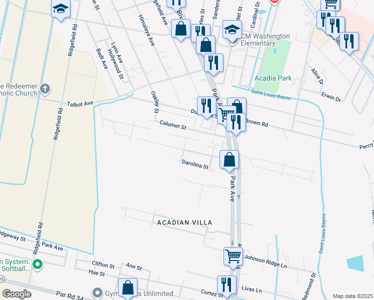 map of restaurants, bars, coffee shops, grocery stores, and more near Louisiana Drive in Thibodaux