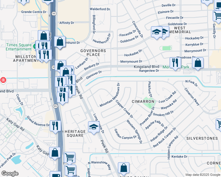 map of restaurants, bars, coffee shops, grocery stores, and more near 22922 Copper Creek Lane in Katy