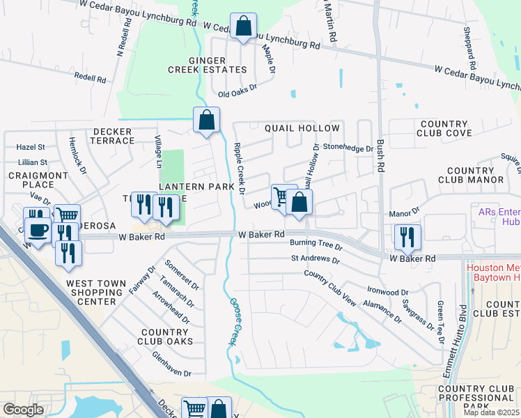 map of restaurants, bars, coffee shops, grocery stores, and more near 3203 Woodstone Drive in Baytown