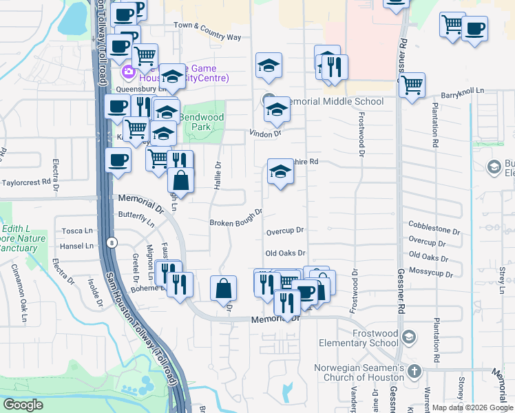 map of restaurants, bars, coffee shops, grocery stores, and more near 18 Tallowood Road in Houston