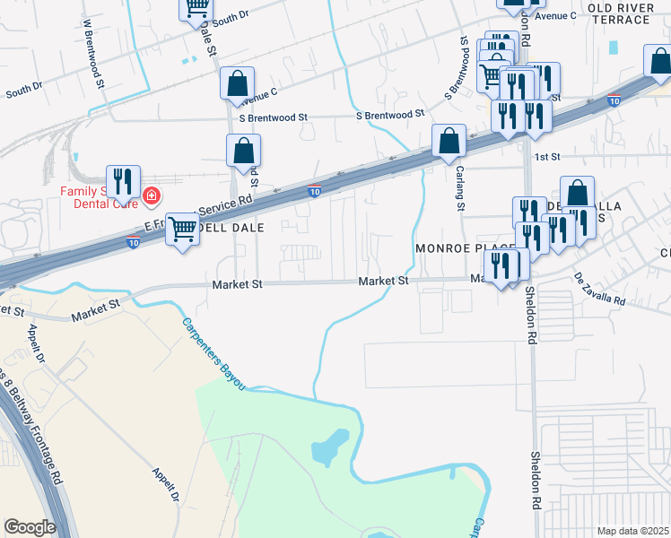 map of restaurants, bars, coffee shops, grocery stores, and more near 104 Beth Lane in Channelview
