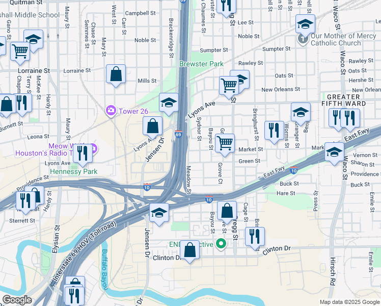 map of restaurants, bars, coffee shops, grocery stores, and more near 1208 Meadow Street in Houston