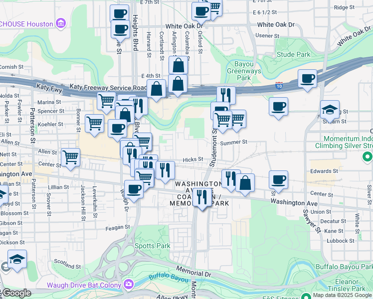 map of restaurants, bars, coffee shops, grocery stores, and more near 104 Hicks Street in Houston