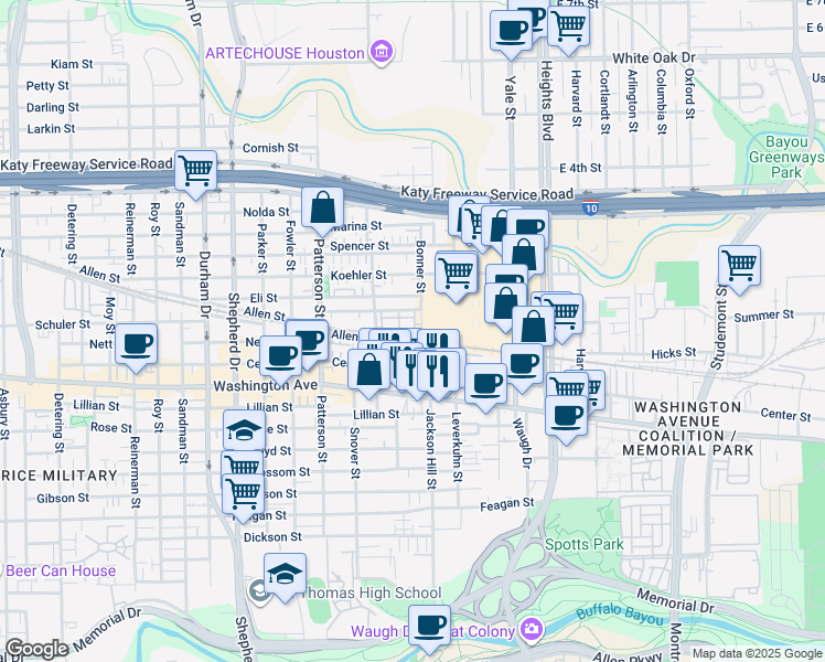 map of restaurants, bars, coffee shops, grocery stores, and more near 4115 Allen Street in Houston