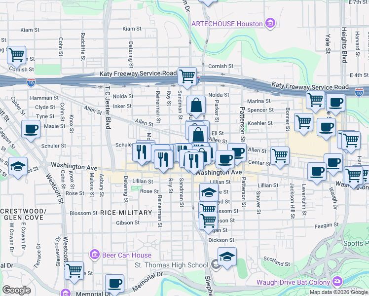 map of restaurants, bars, coffee shops, grocery stores, and more near 1100 Roy Street in Houston
