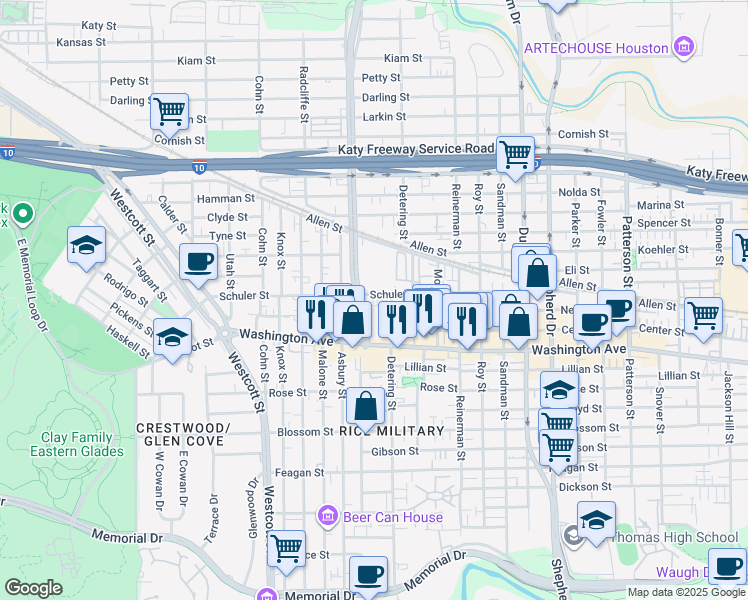 map of restaurants, bars, coffee shops, grocery stores, and more near 1203 Detering Street in Houston