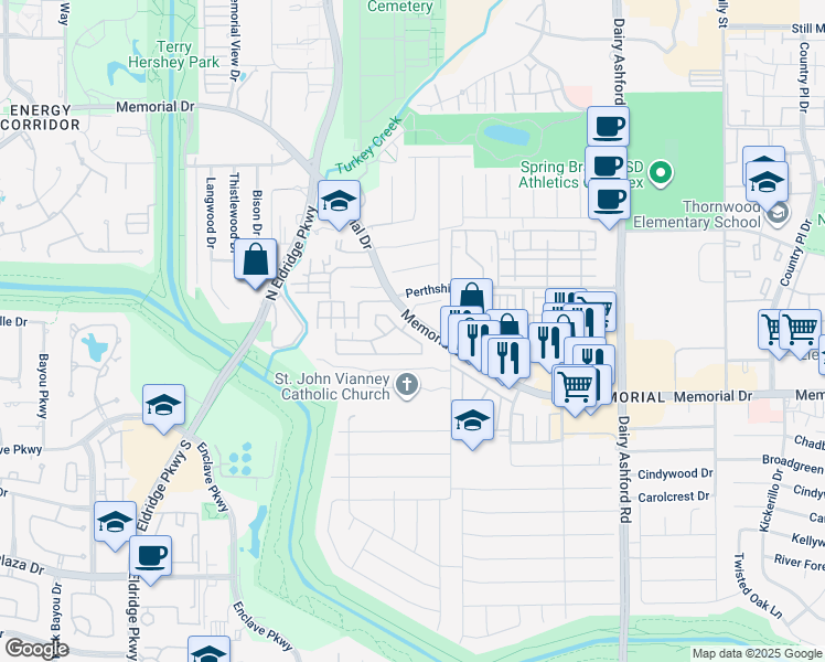 map of restaurants, bars, coffee shops, grocery stores, and more near 14855 Memorial Drive in Houston