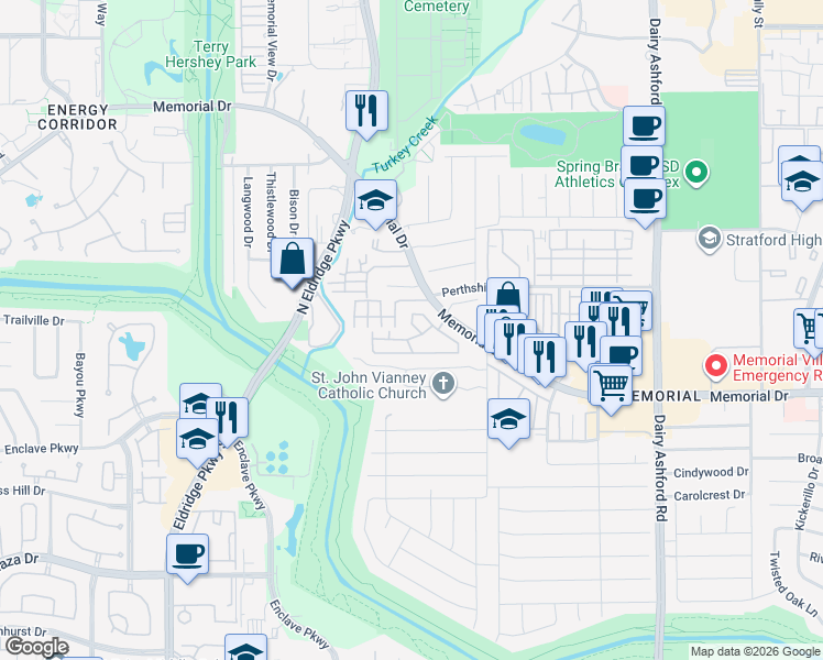map of restaurants, bars, coffee shops, grocery stores, and more near 14855 Memorial Drive in Houston