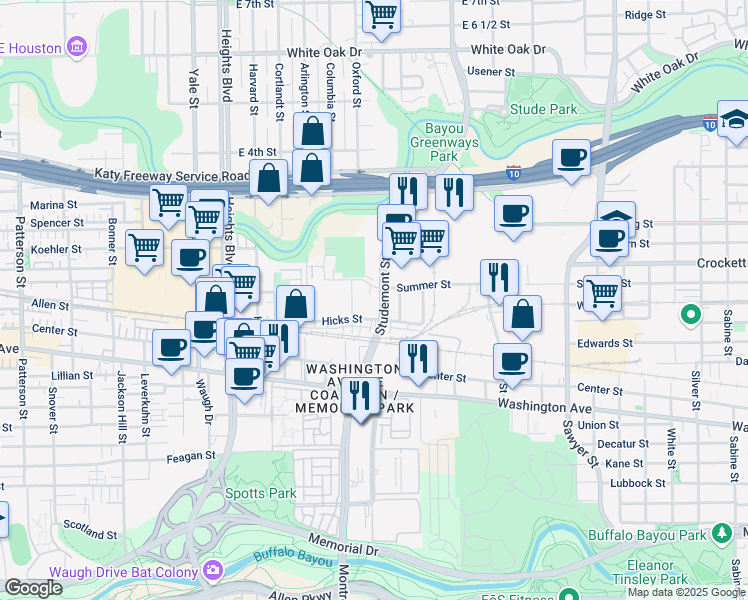 map of restaurants, bars, coffee shops, grocery stores, and more near 21 Studemont Street in Houston