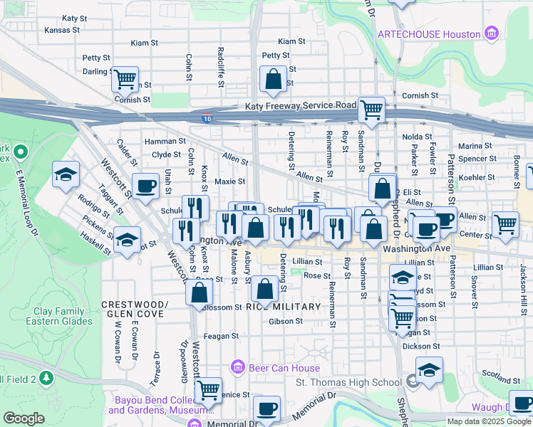 map of restaurants, bars, coffee shops, grocery stores, and more near 177 T C Jester Boulevard in Houston