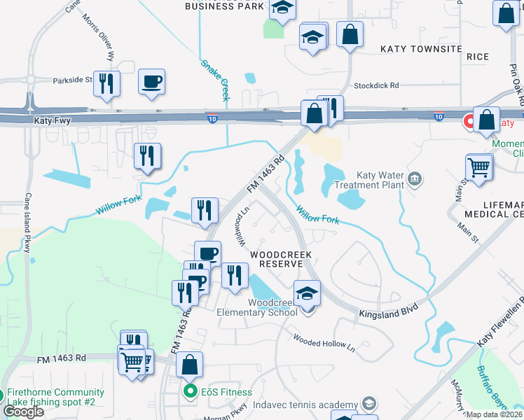map of restaurants, bars, coffee shops, grocery stores, and more near 1102 Wildflower Court in Katy