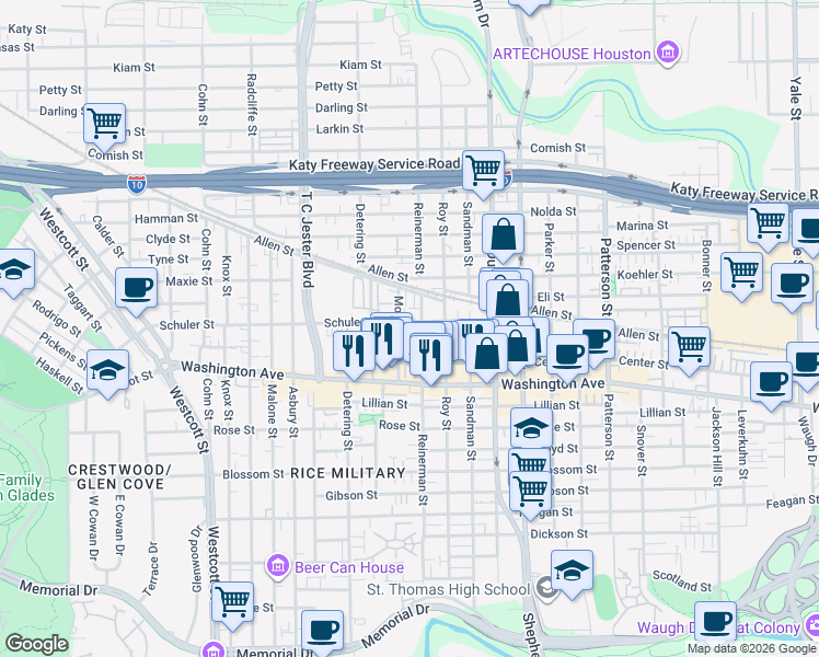 map of restaurants, bars, coffee shops, grocery stores, and more near 5200 Nett Street in Houston