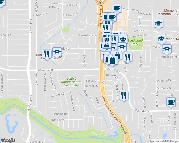 map of restaurants, bars, coffee shops, grocery stores, and more near 12930 Butterfly Lane in Houston