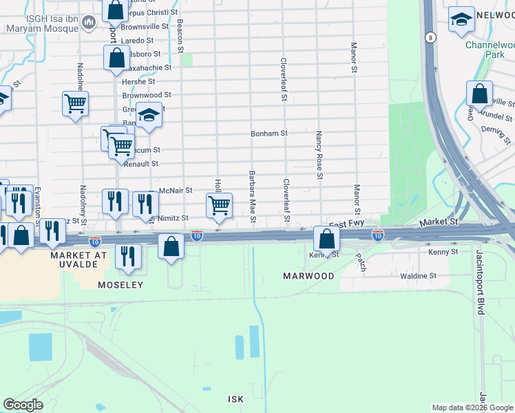 map of restaurants, bars, coffee shops, grocery stores, and more near 14315 Nimitz Street in Houston