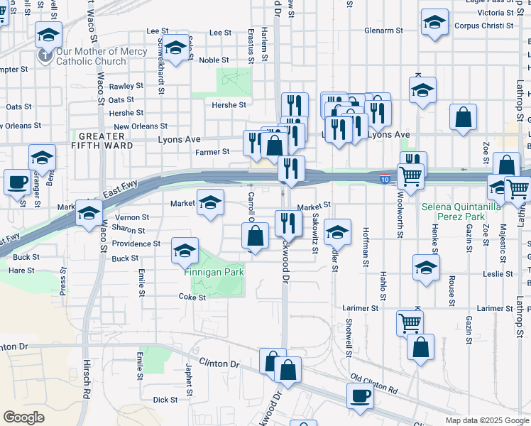 map of restaurants, bars, coffee shops, grocery stores, and more near 5432 San Jose Street in Houston